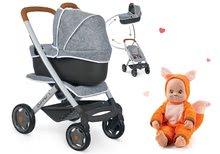 Set kočárek hluboký a sportovní DeLuxe Pastel Maxi Cosi&Quinny Grey 3v1 Smoby a panenka v kostýmu Lišky Animal Doll MiniKiss 27 cm se zvukem