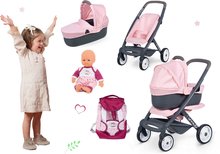 Set cărucior combinație triplă Powder Pink 3in1 Maxi Cosi & Quinny Smoby și păpușă cu rucsac și marsupiu