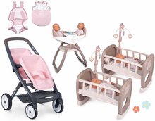 Set cărucior și legăne pentru păpuși gemene Powder Pink Maxi Cosi&Quinny Smoby cu carusel și scaun de masă cu sac de dormit și marsupiu