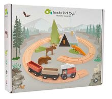 Drevené vláčiky a vláčkodráhy - Drevená vláčikodráha v horách Treetops Train Set Tender Leaf Toys s vlakom zvieratkami a chatou_2