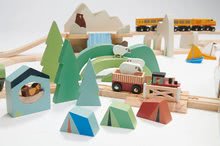 Drevené vláčiky a vláčkodráhy - Drevená vláčikodráha vysokohorská Mountain View Train Set Tender Leaf Toys cesta okolo sveta cez mesta a hory 58 dielov a doplnky_31